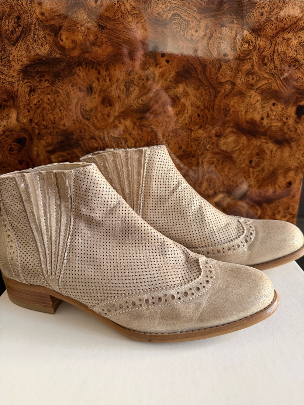 Garnet Hill Beige Suede Perforated Ankle Booties